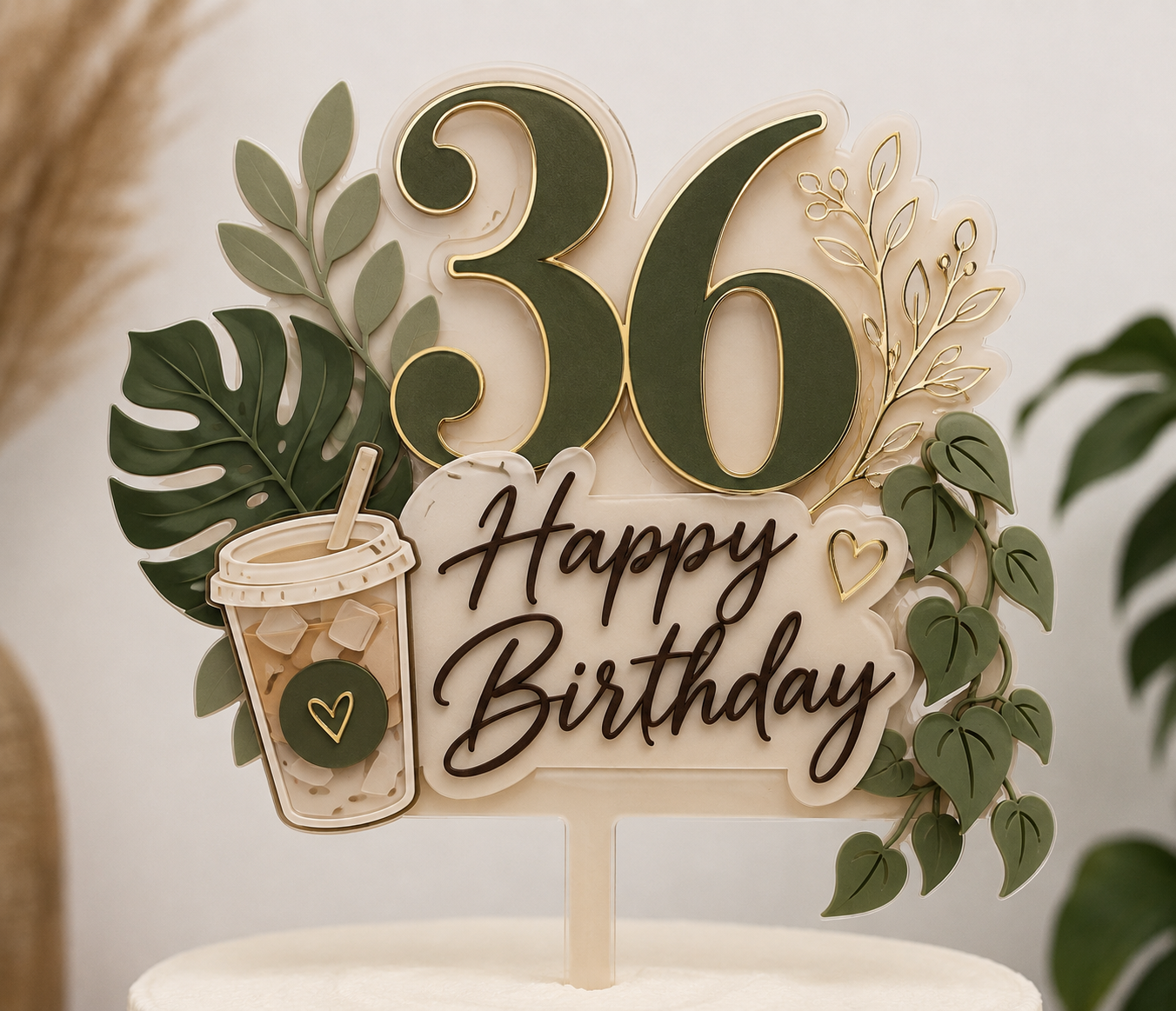 Cake topper botánico personalizado de cumpleaños número 36