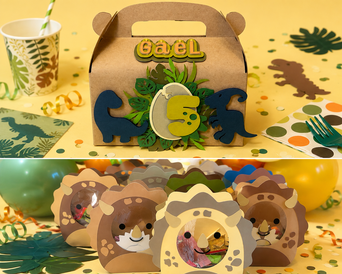 Caja de party favor personalizada en una celebración temática de dinosaurios