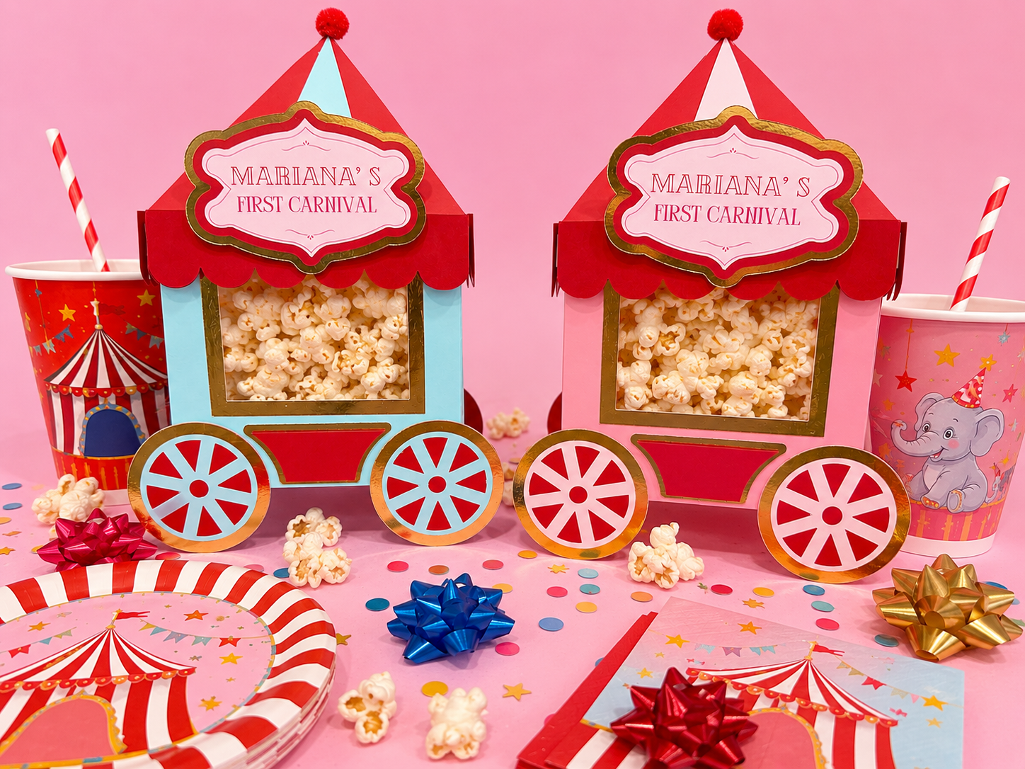 Personalized pink and turquoise carnival popcorn favor carts