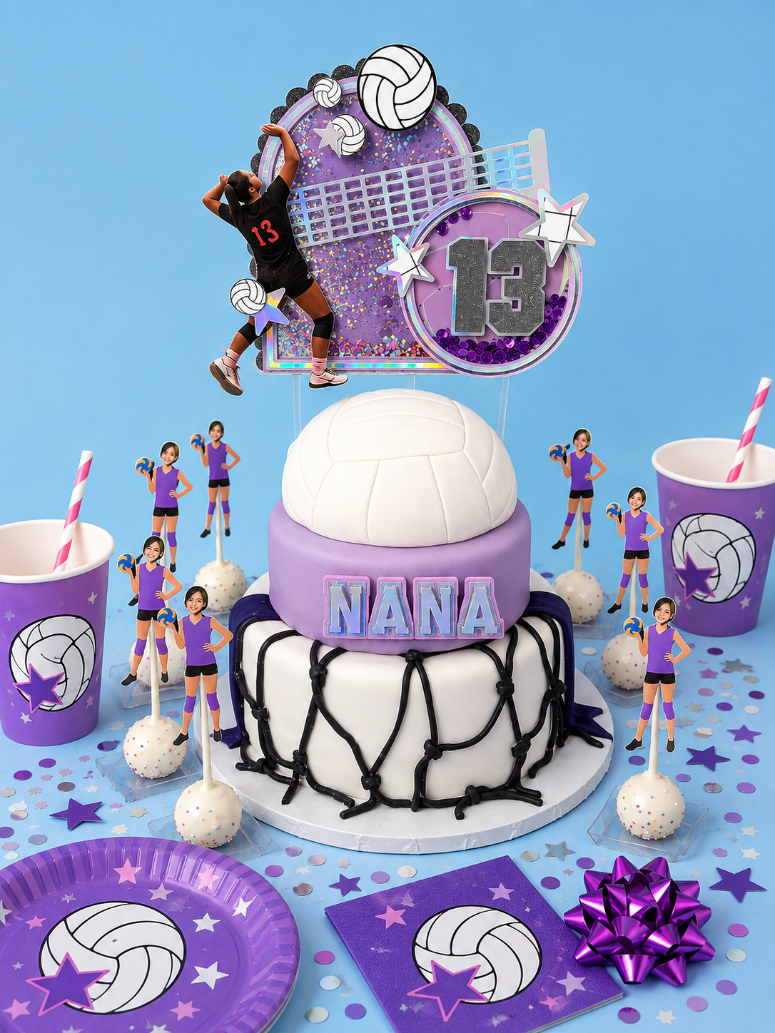 Purple volleyball birthday cake topper and coordinated party decorations